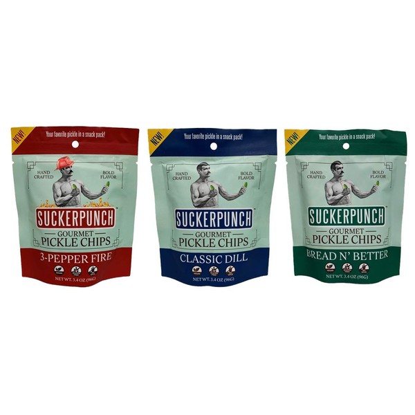 SuckerPunch | Variety Pack (Dill, BNB, 3-Pepper) Chip-Cut | Pickle Pouch Snack Pack | 3.4oz Single-Serve (12 units: 4 of each flavor)