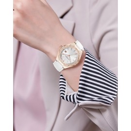 CIVO Watches for Women Elegant Analogue Ladies Watches Date Window White Leather Strap Diamond Wrist Watch Luminous Waterproof Rose Gold Minimalist Quartz Female Watches, Womens Gifts