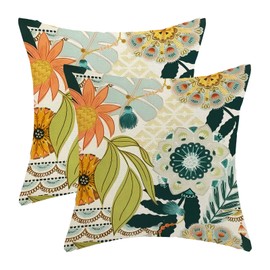 Yxuiyal Boho Pillow Covers 18x18 Set of 2 Green Orange Floral Decorative Throw Pillow Covers Bohemian Modern Flower Decoration Pillowcase Farmhouse Linen Cushion Case for Home Sofa Outdoor Decor