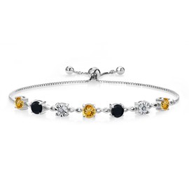 Gem Stone King 925 Sterling Silver Round Yellow Citrine Black Onyx and White Lab Grown Diamond Tennis Bracelet For Women (3.14 Cttw, Gemstone Birthstone, Fully Adjustable Up to 9 Inch)