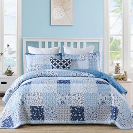 Menghomeus Blue Quilt Set Queen Boho Patchwork Bedspread Floral Coverlet Reversible Bed Quilt Set All Season Soft Microfiber Bedding Farmhouse Bed Sets, 96"x90"
