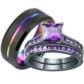 SHELOVES Black Plated Couples Women Purple Wedding Rings Sets His and Hers Men Tungsten Wedding Band 8+6.5