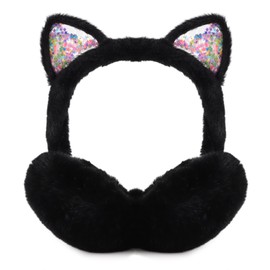 PESAAT Fluffy Ear Muff for Women Plush Foldable Earmuffs Kids Winter Earmuffs Girls Boys Cold Weather Ear Warmer (Black Cat)