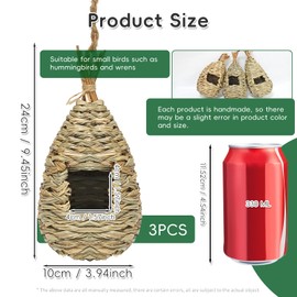 Gute Hummingbird Houses for Outside Hanging, Natural Grass Hanging Bird Hut, Hand Woven Hummingbird Nest, Large Wren Finch Bird House for Garden Window Outdoor Home Decoration, 3 Pack