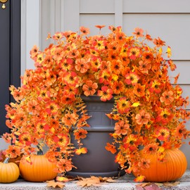 INQCMY Artificial Fall Flowers for Outdoors Realistic Faux Autumn Hanging Plants 2Pcs Fake Mums Fake Flowers for Porch Patio Outdoor Decor Home Decor Easy Assembly UV Resistant