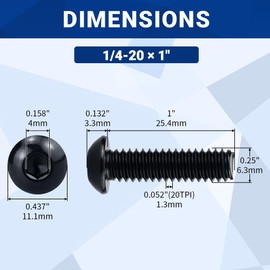 1/4-20 x 1 Stainless Button Socket Cap Head Screws 25 Pcs, 18-8 (304) Stainless Steel, Allen Hex Drive Button Head, Full Thread, Black Oxide Coated, Fayeploo (with Hex Wrench)