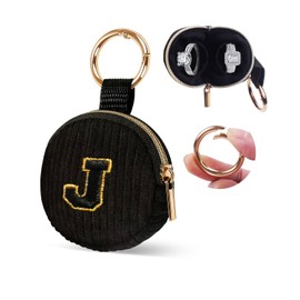 KONIDUN Mini Travel Ring Holder Keychain, Portable Corduroy Jewelry Ring Holder Pouch with Letter, Small Earrings Case for Gym Sports Bag Purse Coins (J, Black)