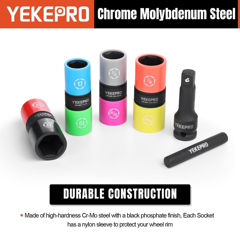 YEKEPRO Lug Nut Socket Set, 8 Size 1/2-Inch Drive Wheel