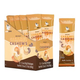 NEWBAM Sea Salt Caramel Cashews Individual Packs - 12 Cashew Snack Packs Roasted Nuts (1.5oz Each) – Keto, Vegan, Gluten-Free - Healthy Snacks for Trail Mix, Office, or Party - Lightly Salted, Sweet Tasty