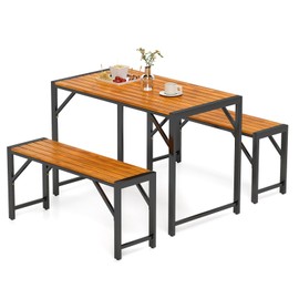 Tangkula 3-Pieces Patio Dining Set for 4 People, Outdoor Picnic Table & 2 Benches, 44" Acacia Wood Dining Table w/Metal Frame, Space-Saving Dinette Set for Garden Porch Poolside Yard Balcony