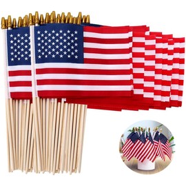 100Pcs 4x6 Inch Small American Flags on Stick, 4th of July Mini Handheld US Flags 4x6 with Solid Wooden Pole Safety Spear Top for Patriotic Memorial Day Independence Day Decorations Veterans Parades
