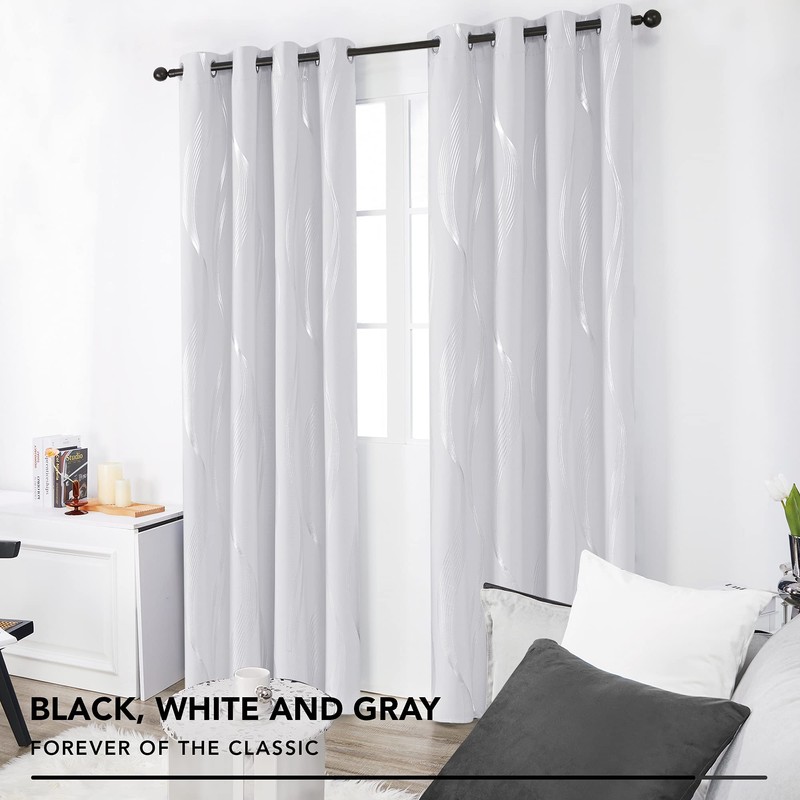 Deconovo Silver Wave Print Blackout Curtains - Thermal Insulated &