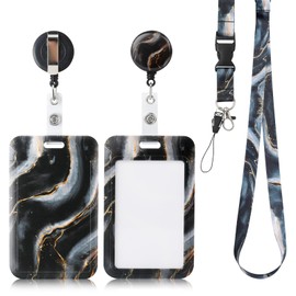 AiQInu ID Card Holder with Strap, Card Holder with Lanyard, with Retractable Badge Reel Carabiner Clip & Removable Lanyard Strap, for Women, Teachers, Nurses, Doctors, Students (Black)