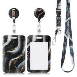 AiQInu ID Card Holder with Strap, Card Holder with Lanyard, with Retractable Badge Reel Carabiner Clip & Removable Lanyard Strap, for Women, Teachers, Nurses, Doctors, Students (Black)