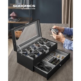 SONGMICS 12-Slot Watch Box, Lockable Watch Case with Glass Lid, 2 Layers, with 1 Drawer for Rings, Bracelets, Gift Idea, Black Synthetic Leather, Gray Lining UJWB012