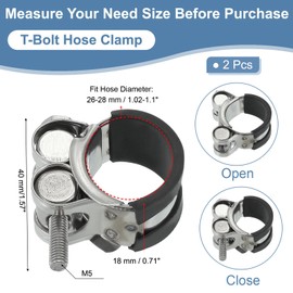 PATIKIL 26-28mm T-Bolt Hose Clamp, 2 Pack Rubber Cushioned Intake Intercooler Pipe Tube Clamps 304 Stainless Steel Radiator Hose Clamp for 1.02"-1.1" Pipe