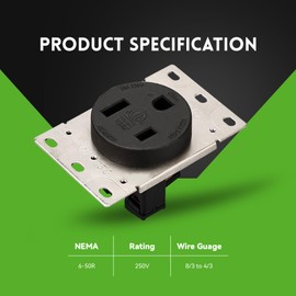 PLUGTUL 50 Amp Receptacle Outlet with Square Cover Plate, NEMA 6-50R, 250V Outlet, Flush Mounting, Straight Blade, Industrial Grade, 30 Amp, ETL Listed