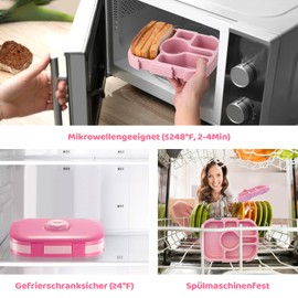 Qobobo® Lunch Box with Compartments, BPA-Free, Lunch Box with 5 Compartments and 1 Separate Sauce Box & Crockery, Lunch Box, Bento Box, Ideal for Nursery and School (Pink)