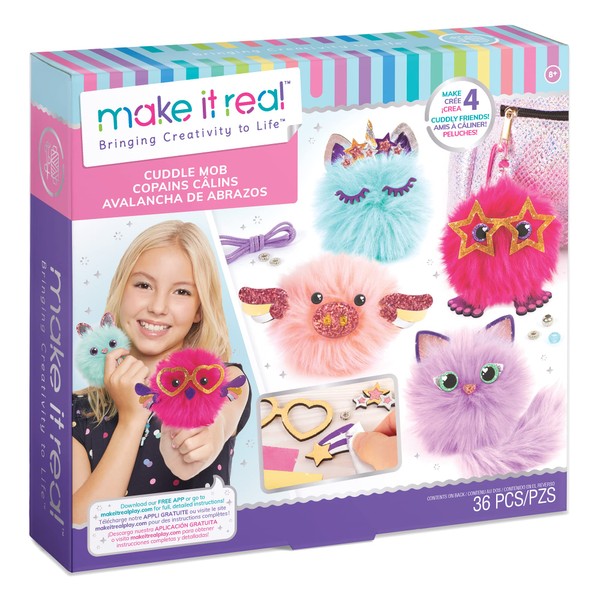Make It Real: DIY Cuddle Mob - Create 4 Pom Pom Characters, 36 Pieces, Make Plush Furry Companions, All-in-One, DIY Arts & Craft Kit, Tweens & Girls, Kids Ages 8+