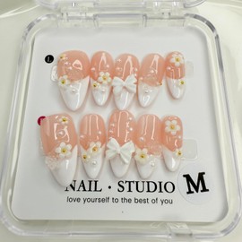 Handmade Press on Nails Flower Press on Nails White French False Nail Pearl and Bow Designs Short Almond Fake Nails Full Cover False Nails Acrylic Nails for Women Art Manicure (Size M)
