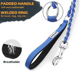 S-ETOVUS Dog Leash Chew Proof, Chain Leash Anti Chew Dog Leash for Large Dogs Heavy Duty, Indestructible Metal Leash Anti Bite Chain Link with Woven Cord Soft Padded Handle (Blue, 5FT)