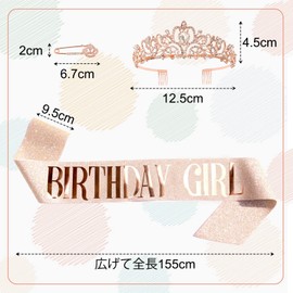 HUAZONTOM Birthday Crown Sash Brooch, 3-Piece Set, Birthday Girl Tiara, Party Supplies, Birthday Headband, Party Hat, Birthday Decoration, Girls, Stylish, Rose Gold, Birthday Girl