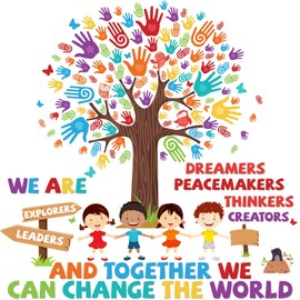 156PCS Classroom Tree Bulletin Board Decorations Set Together We Can Change The World Wall Bulletin Decor with Handprint Cut-outs and Animal Butterfly Owls Letter Accents for School Blackboard Decor
