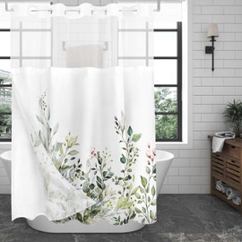 Tititex No Hooks Snap in Liner Green Eucalyptus Leaves Shower Curtain Sets, Hotel Luxury Double Layers Waterproof Fabric & See-Through Top Window Bathroom Decorative 60x72 Inch