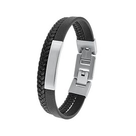 s.Oliver 2036870 Stainless Steel Leather Bracelet for Boys and Children, 16 + 1.5 cm, Black, Comes in Jewellery Gift Box, Stainless Steel, None