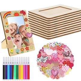 10 Pack Unfinished Wooden Frames for 4 x 6 Photos, DIY Standing Wooden Picture Frames Painting Craft Kit with 12 Painting Color Pens 50 Heart Stickers for DIY Crafts