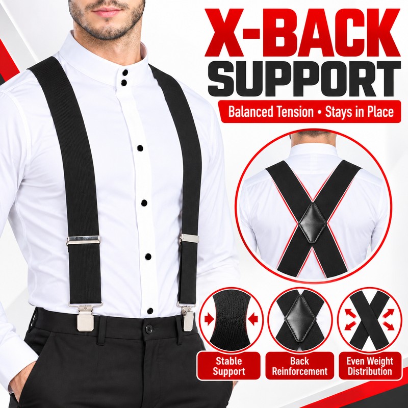 Men’s Heavy-Duty 2-Inch X-Back Suspenders with Adjustable Elastic Straps and