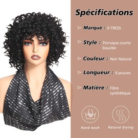 X-TRESS Natürliche schwarze lockige synthetische Perücke für schwarze Frauen, kurze lockige Afro-Perücke mit Pony, hitzebeständiges Kunsthaar