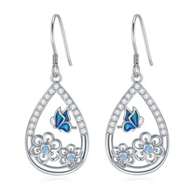 REDSUN Butterfly Earrings 925 Sterling Silver Flower Dangle Drop Earrings Butterfly Flower Earrings Jewellery Birthday Christmas Gifts for Women Girls, Sterling Silver