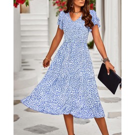 BTFBM Women Casual Summer Short Ruffles Tiered Sleeve Smocked Midi Dresses Bohemian Floral V Neck Wedding Guest Long Dresses