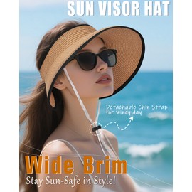 YANIKY Sun Visor Hat for Women, Wide Brim Straw Visors Beach Hat Roll Up Foldable Beach Visors Summer UV Protection (US, Alpha, One Size, Khaki with Black)