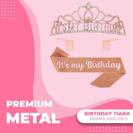 Papoopy Birthday Tiara and Crown with Sash, Birthday Tiara for Women Party Rose