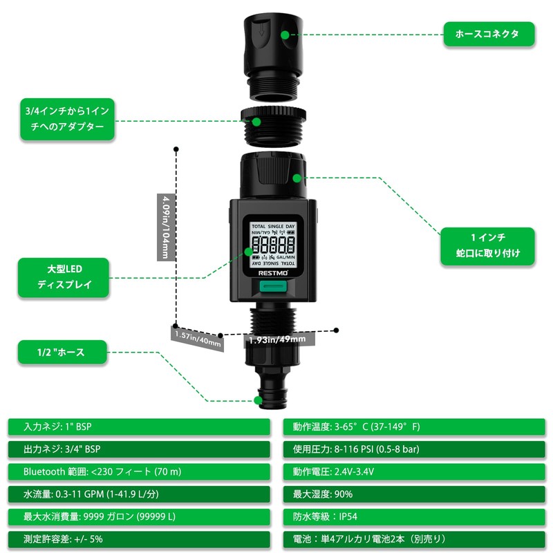 RESTMO スマート水流量計、180°アダプティブガーデンホースタップメーター、屋外ガーデンホース散水、RVタンクの給水、芝生スプリンクラー、ノズルのガロン/リットル消費量と流量を測定