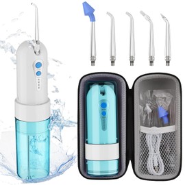 Water Dental Flosser for Teeth Cleaning and Flossing with Travel Size Case – Rechargeable Oral Irrigator, KOOVON Portable Water Flosser for Adults, IPX7 Waterproof, 5 Jet Tips & 4 Modes, Blue