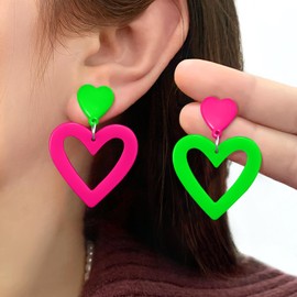 Haolry Neon Heart Earrings for Women Acrylic Neon Earrings 80s 90s Outfit for Women Glow Party Accessories Gifts Hot Pink Orange Green Yellow (Neon Green & Hot Pink)