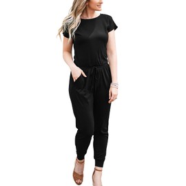 Dearcase Women's Elegant Off Shoulder Loose Jumpsuit Short Sleeve Playsuit Stretchy Jumpsuit Trouser Suit Elastic Waist Romper with Pockets, A3 Black, xxl