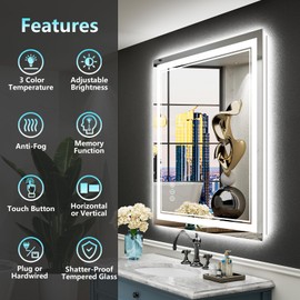 AWANDEE 28x32 LED Bathroom Mirror with Lights, Backlit + Front Lit, Anti-Fog Lighted Vanity Mirror for Bathroom Wall with 3 Colors, Dimmable, Memory, Shatter-Proof Tempered Glass, Horizontal/Vertical
