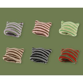 Women Girls Boys Teens Cute CAT Kitty Ears Hats, Winter Warm Knitted Stripe Grunge Accessories Slouchy Headgear, Coffee Stripe, One Size-Small