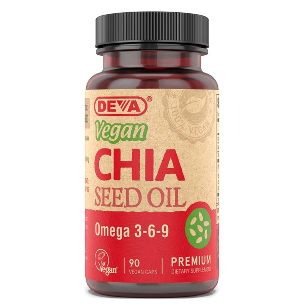 Deva Vegan Vitamins Chia Seed Oil, Packed with Omega 3, 6, 9 & Other Essential Fatty Acids, Cold-Pressed & Unrefined, 90 Capsules, 1-Pack