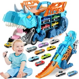 Camión de Juguete de Dinosaurios con 16 Coches, MCSWSEE Dinosaurios de Juguetes, Camión de Dinosaurio Transportador de Automóviles con Deslizante Pleg