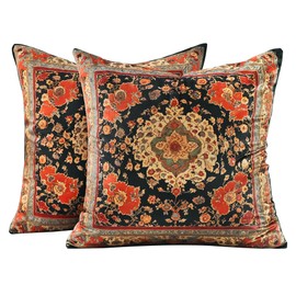 QoBexim Vintage Floral Soft Velvet Throw Pillow Covers 18x18 In Boho Pillowcases, Turkish Antique Ethnic Tribal Decor Double Sided Pattern Cushion Cover for Sofa, Living Room, Farmhouse, Black, 2 Pack