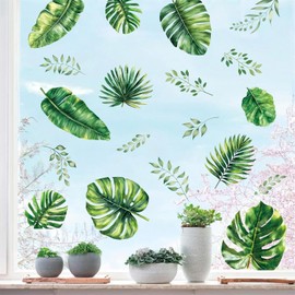 ANHUIB Tropical Window Sticker Palm Leaves Window Decals for Glass Tropical Plants Wall Stickers Green Plants Botanical Leaf Wall Decal for Summer Home Bedroom Bathroom Kitchen Office Living Room Deco