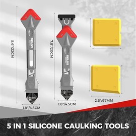 5 in 1 Caulking Tool with 5 Silicone Pads and 4 Glass Glue Corner Scrapers, Caulk Remover Tool with Replacement Blades and Unclogging Needle, Caulking Removal Tool for Kitchen Bathroom