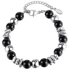 Jude Jewelers Stainless Steel Created Onyx Beads Irregular Shaped Bracelet (Silver Black)