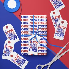 LeZakaa New York Gift Wrapping Paper Roll, New York Lettering in Bule & Red, City Wrapping paper for Birthday, Holiday Vacation Travel Gift Wrap, Mini Roll, 17 inches x 16.4 Feet (23.2 sq.ft.)