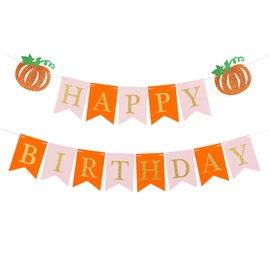 Pink Gold Pumpkin Happy Birthday Banner Fall Pumpkin Birthday Banner, Happy Birthday Pumpkin Banner for Fall Pumpkin Birthday Party Decorations Girl